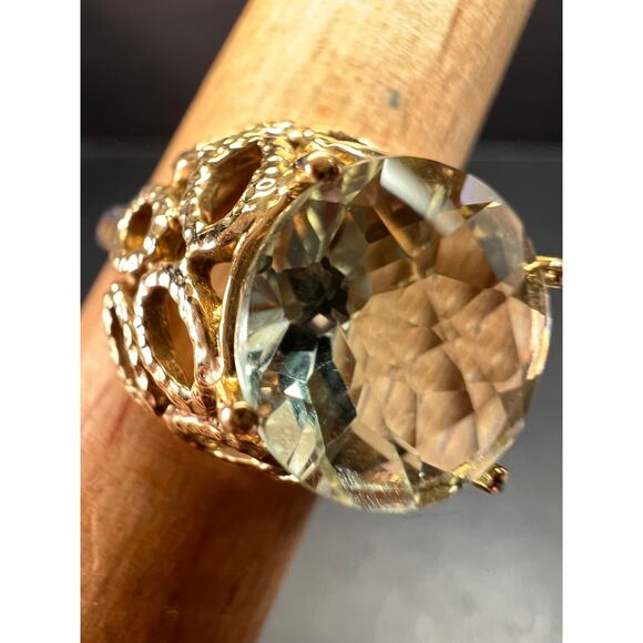 Vintage 10K Yellow Gold Prasiolite (Green Amethyst) Filigree Ring Size 7 - Picture 9 of 16